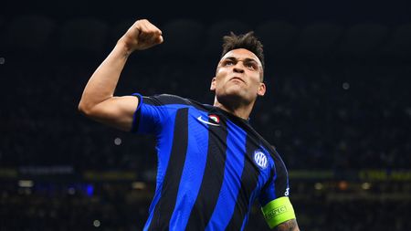 MILAN, ITALY - MAY 16: Lautaro Martinez of FC Internazionale celebrates after scoring the team's first goal during the UEFA Champions League semi-final second leg match between FC Internazionale and AC Milan at Stadio Giuseppe Meazza on May 16, 2023 in Milan, Italy. (Photo by Mike Hewitt/Getty Images)