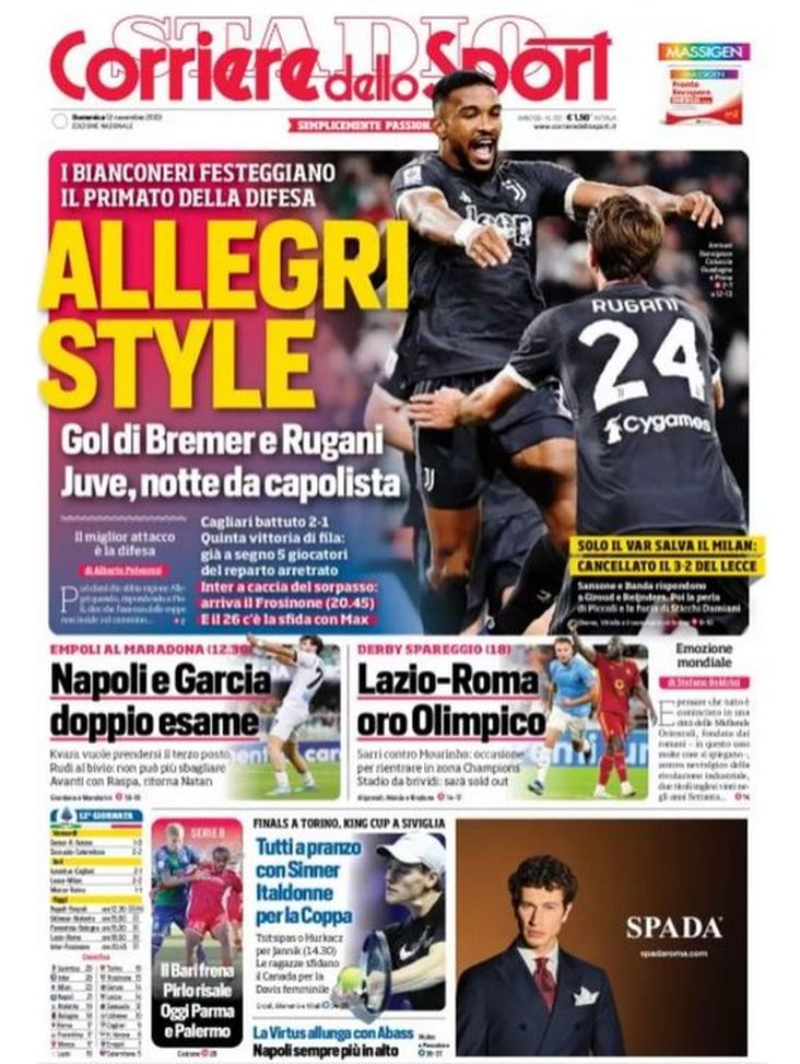 EDICOLA CDS – Allegri style: Juve, notte da capolista. Inter a caccia del sorpasso - immagine 1