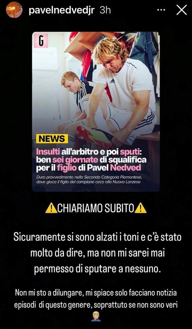 6 giornate di squalifica, il figlio di Nedved si giustifica sui social: “Si sono alzati i toni ma…”- immagine 2