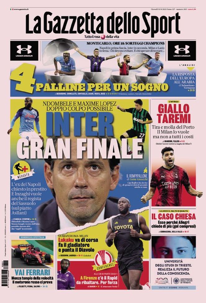 Prima pagina Gazzetta dello Sport 31-08-2023