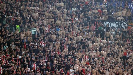 ROME, ITALY - OCTOBER 26: Supporters of Slavia Praha during the UEFA Europa League 2023/24 match between AS Roma and SK Slavia Praha at Stadio Olimpico on October 26, 2023 in Rome, Italy. (Photo by Matteo Ciambelli/DeFodi Images via Getty Images)
