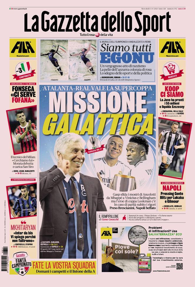La Gazzetta dello Sport, la prima pagina di oggi, mercoledì 14 agosto 2024