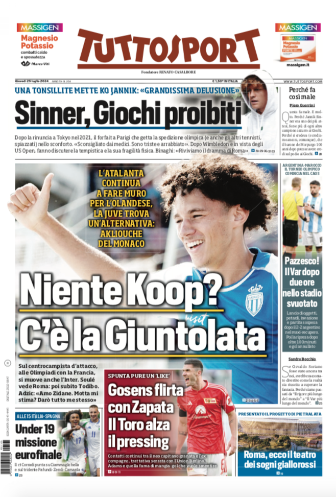 Prima Pagina Tuttosport Juventus Niente Koopmeiners Cè Akliouche