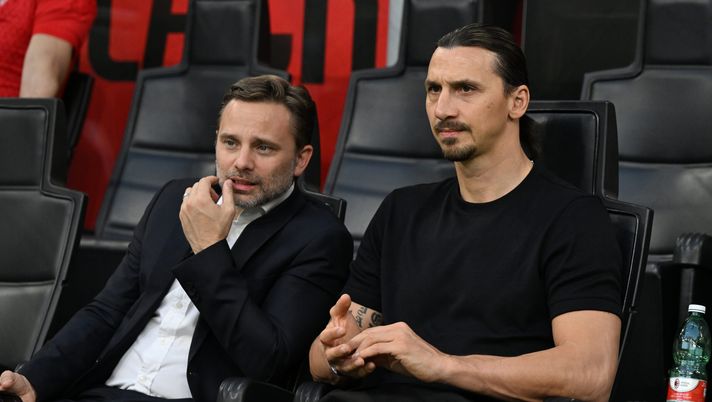 MILAN, ITALY - MAY 11:  Zlatan Ibrahimovic of AC Milan  and CEO of AC Milan Giorgio Furlani attend before the Serie A TIM match between AC Milan and Cagliari at Stadio Giuseppe Meazza on May 11, 2024 in Milan, Italy. (Photo by Claudio Villa/AC Milan via Getty Images)  Viaggio New York