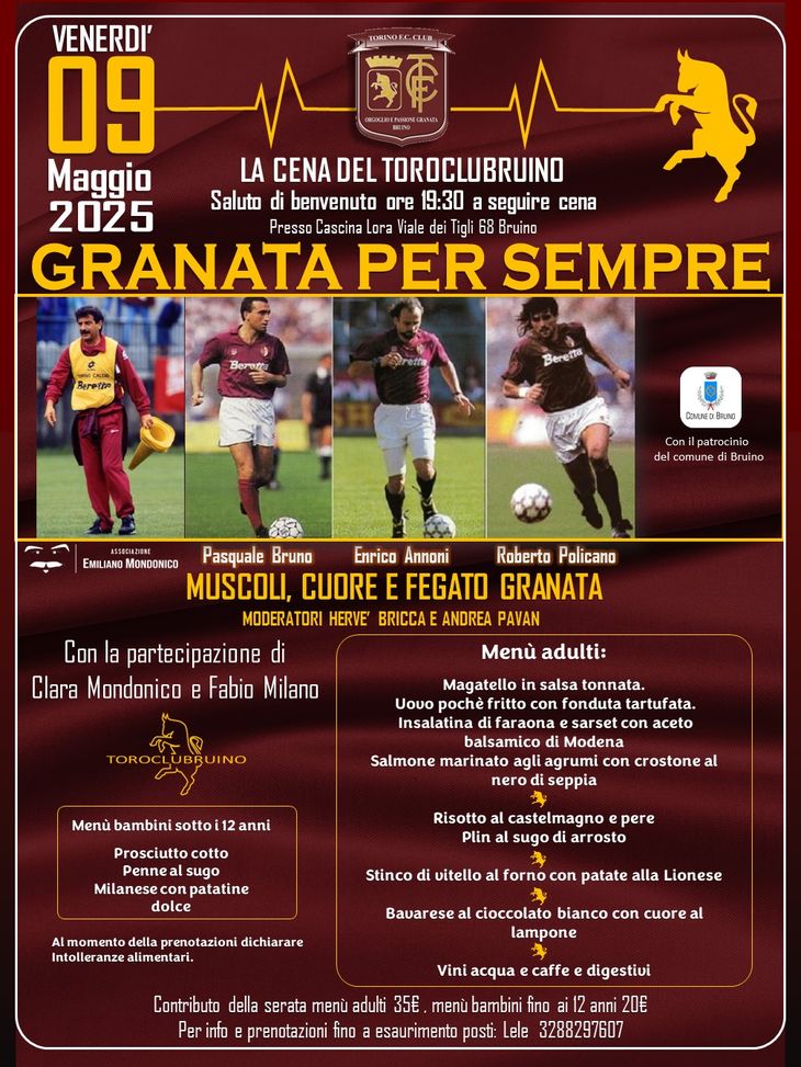 Toro Club di Bruino, la cena il 9 maggio: presenti Pasquale Bruno e Policano- immagine 2
