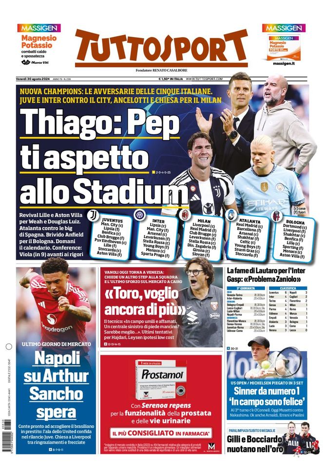 Prima Pagina Tuttosport 30 agosto