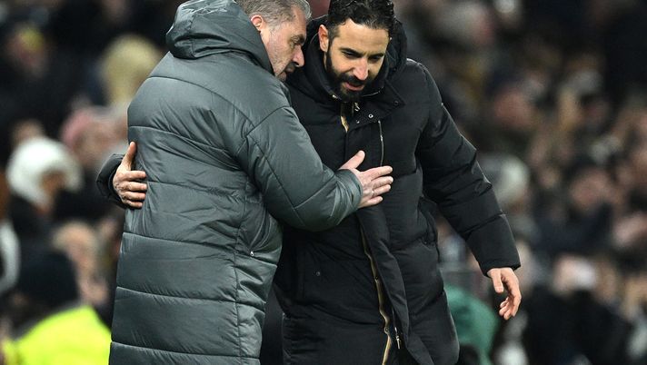 LONDON, ENGLAND - FEBRUARY 16: Ange Postecoglou, Manager of Tottenham Hotspur, and Ruben Amorim, Manager of Manchester United, embrace at full-time following the Premier League match between Tottenham Hotspur FC and Manchester United FC at Tottenham Hotspur Stadium on February 16, 2025 in London, England. (Photo by Justin Setterfield/Getty Images) Tottenham Manchester United Postecoglu Amorim
