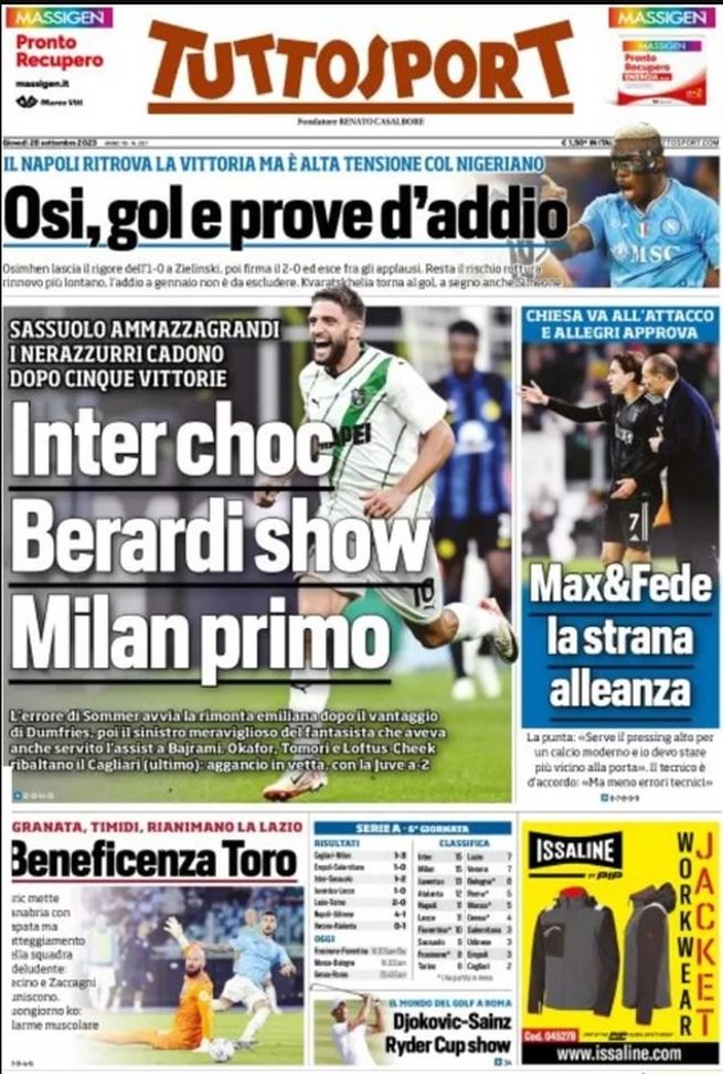 EDICOLA TS – Inter choc, Berardi show: Sassuolo ammazzagrandi, Milan primo - immagine 1