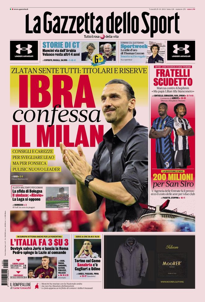 Prima Pagina Gazzetta dello Sport 25 ottobre