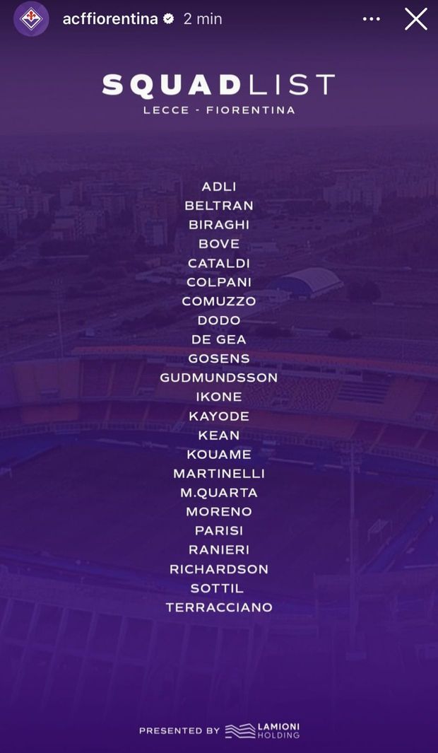 Fiorentina, ecco i convocati per il Lecce: confermate le due assenze- immagine 2