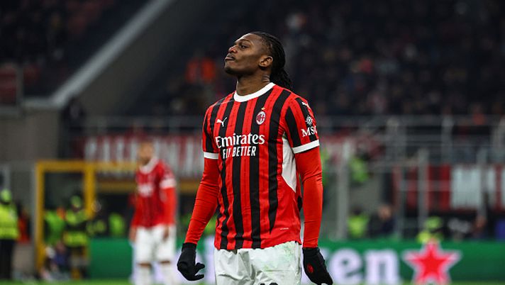MILAN, ITALY - FEBRUARY 18: Rafael Leao of AC Milan shows his dejection during the UEFA Champions League 2024/25 League Knockout Play-off second leg match between AC Milan and Feyenoord at San Siro Stadium on February 18, 2025 in Milan, Italy. (Photo by Giuseppe Cottini/AC Milan via Getty Images) Euro Milan