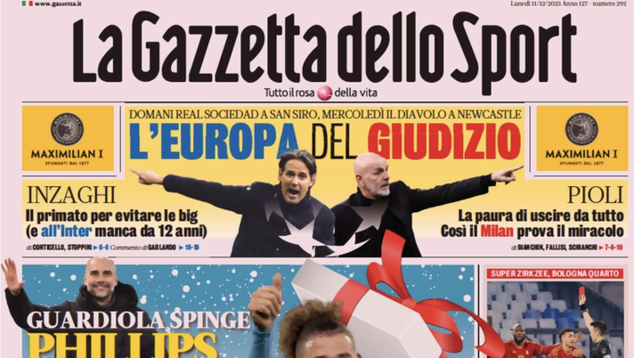 PRIMA PAGINA DELLA GAZZETTA DELLO SPORT di oggi 11 dicembre 2023 - immagine 1