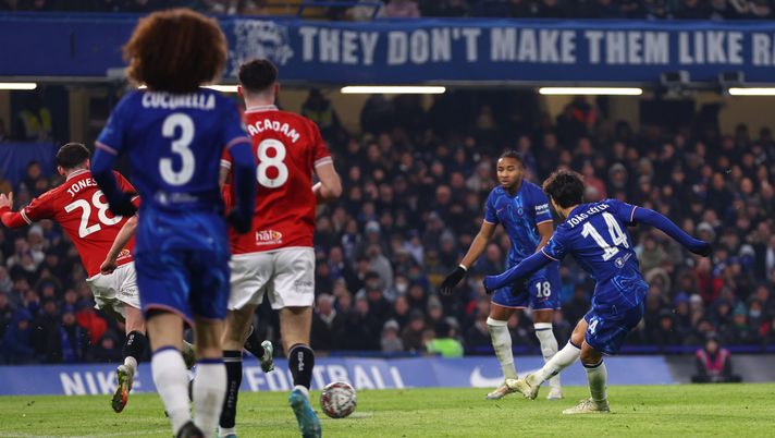 LONDON, ENGLAND - JANUARY 11: Joao Felix of Chelsea scores his team's fourth goal during the Emirates FA Cup Third Round match between Chelsea and Morecambe at Stamford Bridge on January 11, 2025 in London, England. (Photo by Clive Rose/Getty Images)  calciomercato-febbraio-Joao-Felix-Milan-mercato-acquisti