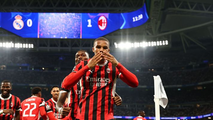 MADRID, SPAIN - NOVEMBER 05: Malik Thiaw of AC Milan celebrates after scoring the opening goal during the UEFA Champions League 2024/25 League Phase MD4 match between Real Madrid C.F. and AC Milan at Estadio Santiago Bernabeu on November 05, 2024 in Madrid, Spain. (Photo by Giuseppe Cottini/AC Milan via Getty Images) Thiaw