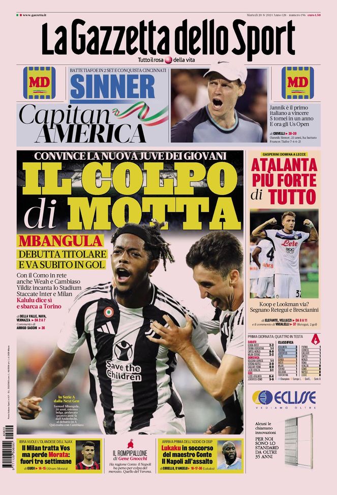 La Gazzetta dello Sport, la prima pagina di oggi, martedì 20 agosto 2024 La Gazzetta dello Sport