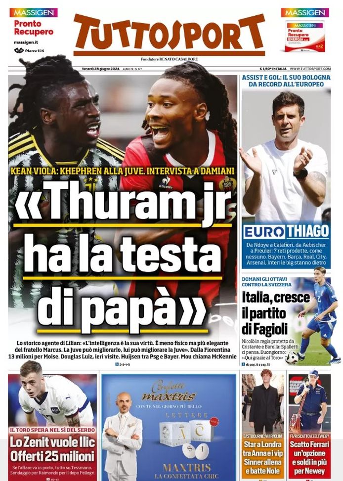 EDICOLA / TS – Damiani: “Thuram jr ha la testa di papà”. Thiago da record all’Europeo. Anche Inter dietro - immagine 1