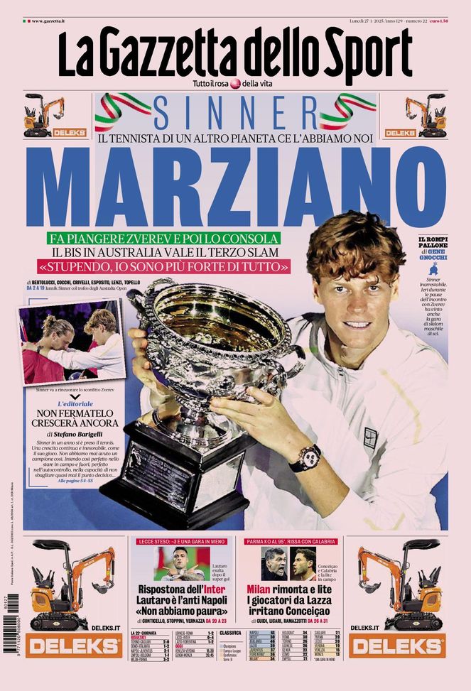 La Gazzetta dello Sport, la prima pagina di oggi, lunedì 27 gennaio 2025 La Gazzetta dello Sport
