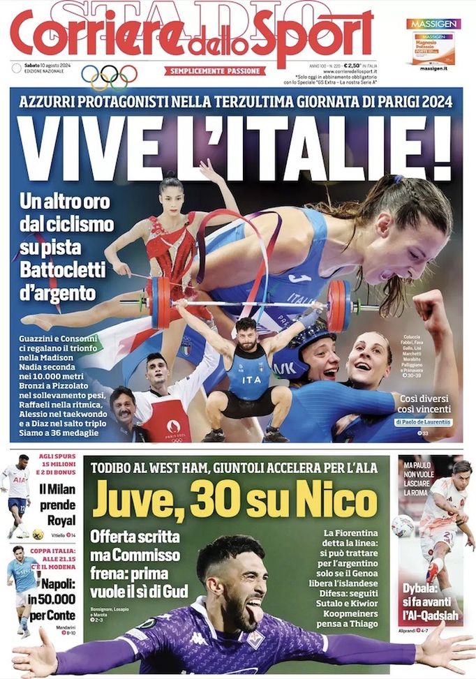 Il Corriere dello Sport, la prima pagina di oggi, sabato 10 agosto 2024 Il Corriere dello Sport