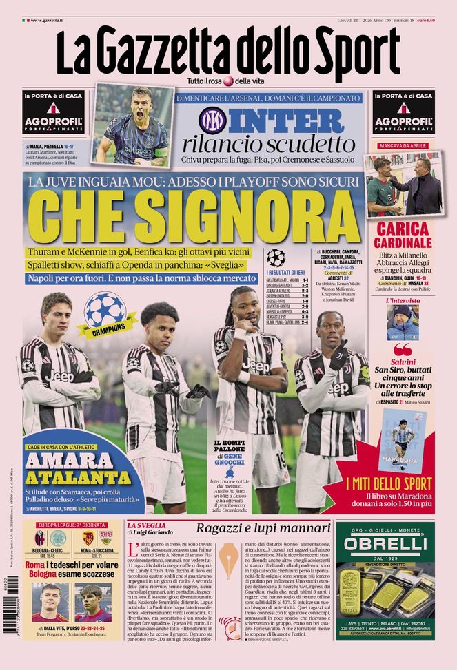 La Gazzetta dello Sport, la prima pagina di oggi, giovedì 22 gennaio 2026 La Gazzetta dello Sport