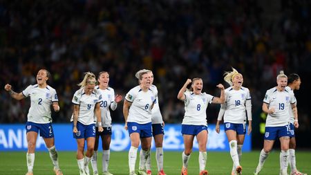 BRISBANE, AUSTRALIA - AUGUST 07: England players celebrate as Michelle Alozie of Nigeria misses her team's second penalty in the penalty shoot out during the FIFA Women's World Cup Australia & New Zealand 2023 Round of 16 match between England and Nigeria at Brisbane Stadium on August 07, 2023 in Brisbane, Australia. (Photo by Justin Setterfield/Getty Images)