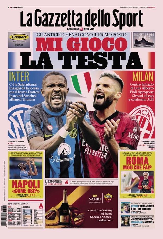 Gazzetta dello Sport Prima Pagina sabato 30 settembre