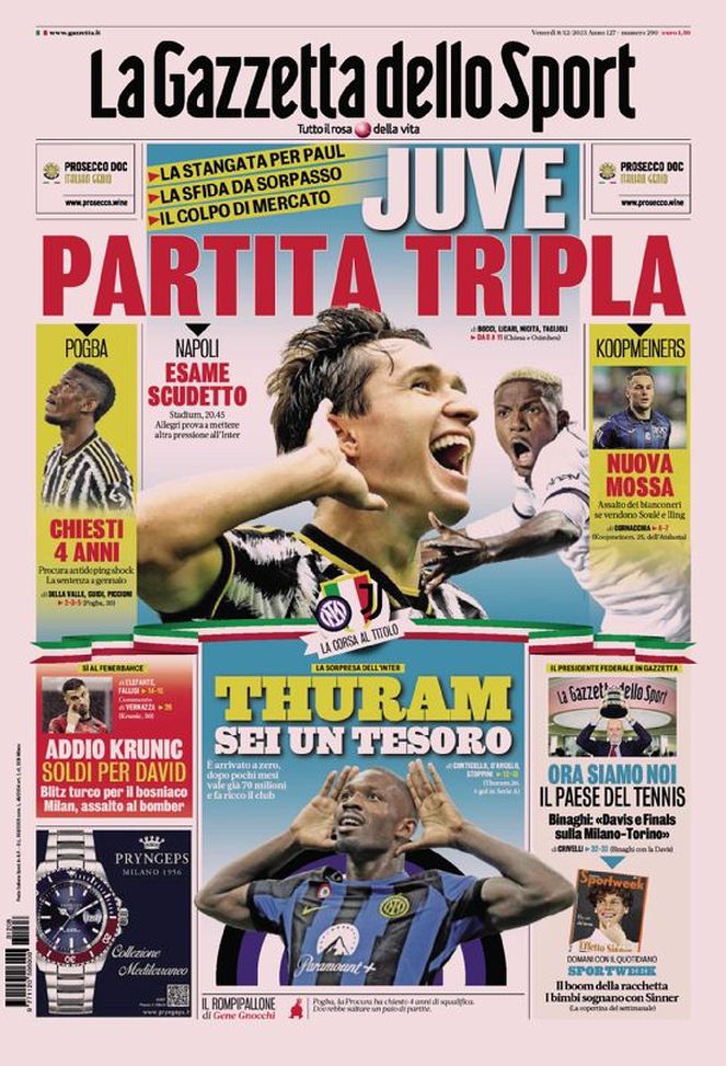 La prima pagina de La Gazzetta dello Sport 08/12/2023