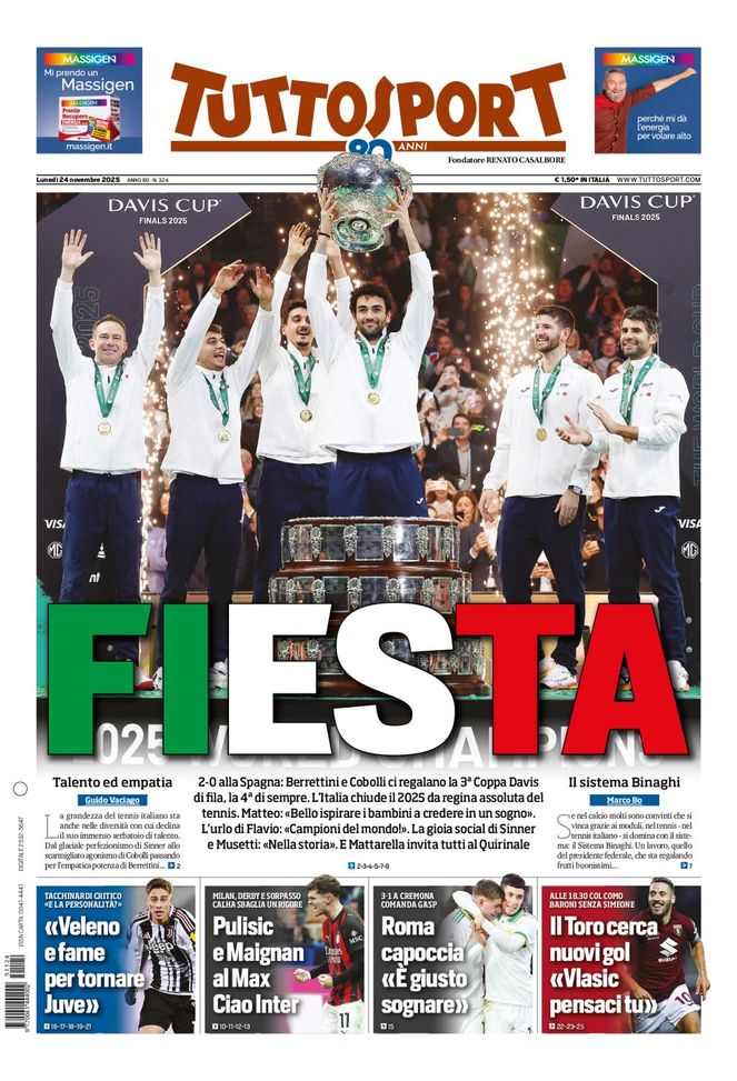 Tuttosport, la prima pagina di oggi, lunedì 24 novembre 2025 Tuttosport