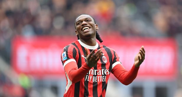 MILAN, ITALY - JANUARY 26: Rafael Leao of AC Milan reacts during the Serie A match between AC Milan and Parma at Stadio Giuseppe Meazza on January 26, 2025 in Milan, Italy. (Photo by Claudio Villa/AC Milan via Getty Images)