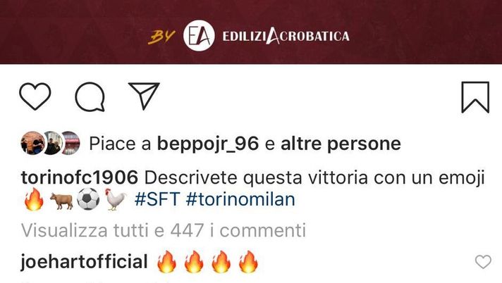 Torino-Milan 2-1, anche Hart fa festa sui social per la vittoria granata - immagine 1