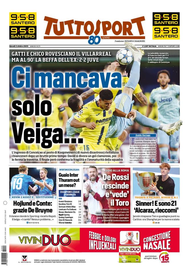 Tuttosport, la prima pagina di oggi, giovedì 2 ottobre 2025 Tuttosport