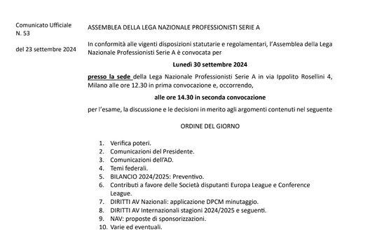 Serie A, il 30 settembre nuova Assemblea della Lega: i punti all’ordine del giorno- immagine 2