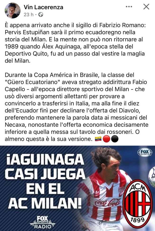Estupinan primo ecuadoriano al Milan: il precedente sfiorato di Aguinaga nel 1989- immagine 2
