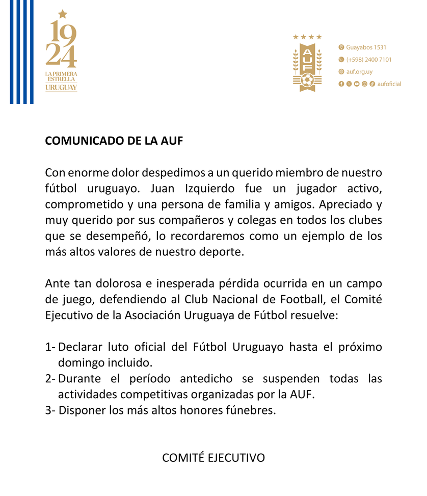 Uruguay, campionato sospeso fino a domenica per la morte di Izquierdo