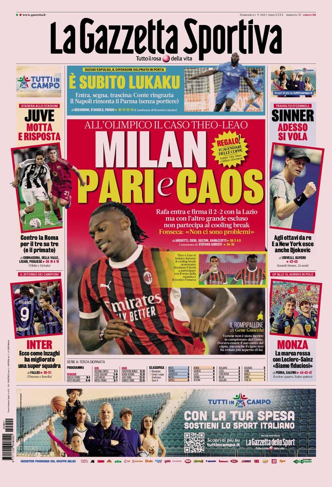 Prima Pagina Gazzetta dello Sport 1° settembre Prima Pagina Gazzetta dello Sport 1° settembre