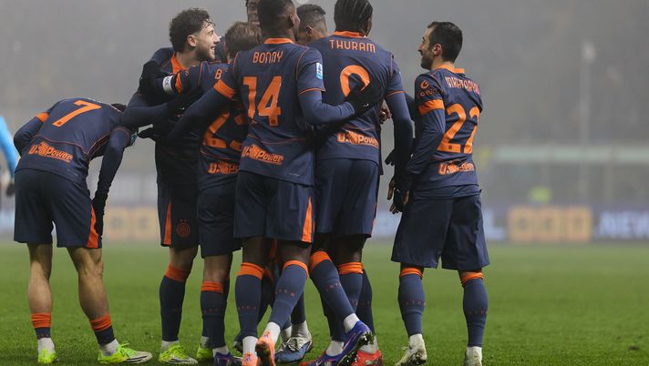 PARMA, ITALY - JANUARY 07: Marcus Thuram of FC Internazionale celebrates after scoring his team's second goal with his teammates during the Serie A match between Parma Calcio 1913 and FC Internazionale at Stadio Ennio Tardini on January 07, 2026 in Parma, Italy. (Photo by Emmanuele Ciancaglini/Getty Images) Serie A