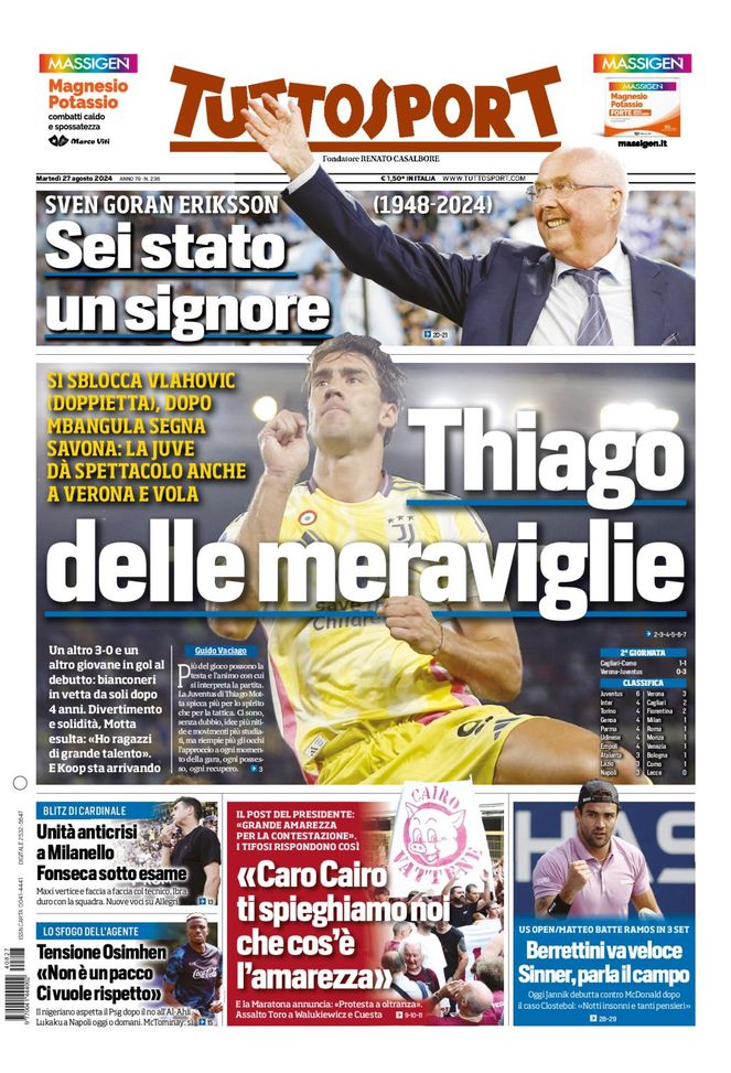 Tuttosport, la prima pagina di oggi, martedì 27 agosto 2024 Tuttosport