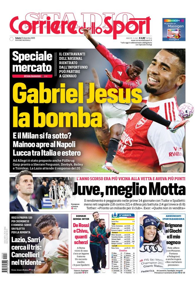 Il Corriere dello Sport, la prima pagina di oggi, sabato 13 dicembre 2025 Il Corriere dello Sport