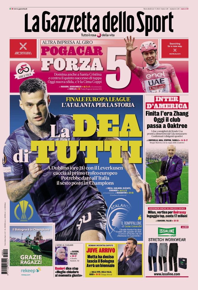 La Gazzetta dello Sport, la prima pagina di oggi, mercoledì 22 maggio 2024