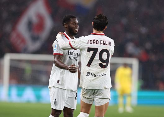 GENOA, ITALY - MAY 05: Yunus Musah and Joao Felix of AC Milan celebrates the win at the end of the Serie A match between Genoa and AC Milan at Stadio Luigi Ferraris on May 05, 2025 in Genoa, Italy. (Photo by Claudio Villa/AC Milan via Getty Images) il-milan-ha-ripreso-a-correre-e-musah-taglia-il-primo-traguardo-150-gare-giocate-nei-maggiori-campionati-europei