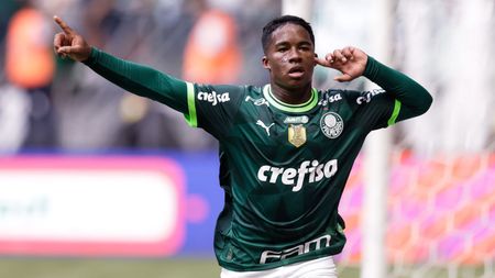 SAO PAULO, BRAZIL - APRIL 09: Endrick of Palmeiras celebrates after scoring the team's third goal during the second leg of the Paulistao 2023 final between Palmeiras and Agua Santa at Allianz Parque on April 09, 2023 in Sao Paulo, Brazil. (Photo by Alexandre Schneider/Getty Images)