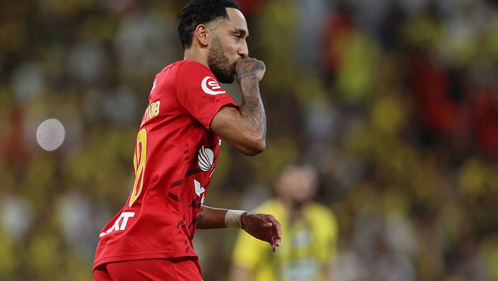 JEDDAH, SAUDI ARABIA - MAY 30: Pierre-Emerick Aubameyang of Al-Qadisiyah celebrates scoring his team's first goal from the penalty spot during the Final King's Cup match between Al Ittihad and Al Qadsiah at King Abdullah Sports City on May 30, 2025 in Jeddah, Saudi Arabia. (Photo by Yasser Bakhsh/Getty Images) aubameyang