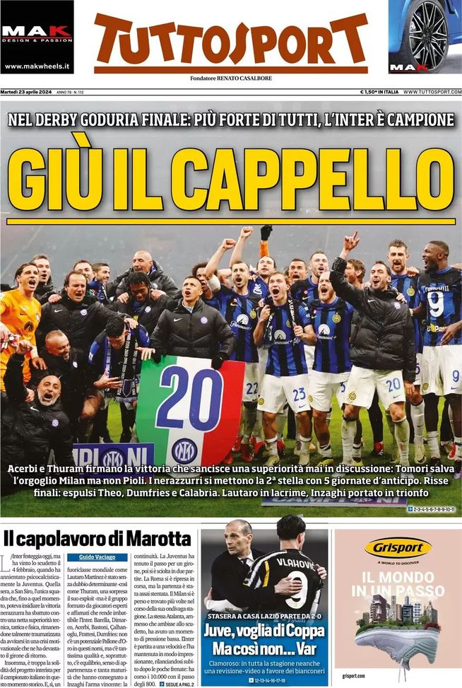 EDICOLA TS – Giù il cappello. Nel derby goduria finale: più forte di tutti, Inter campione - immagine 1