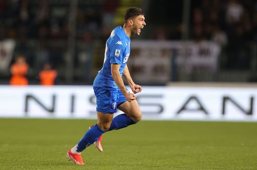 EMPOLI, ITALY - APRIL 6: Nicolo' Cambiaghi of Empoli FC celebrates after scoring a goal during the Serie A TIM match between Empoli FC and Torino FC - Serie A TIM at Stadio Carlo Castellani on April 6, 2024 in Empoli, Italy.(Photo by Gabriele Maltinti/Getty Images)