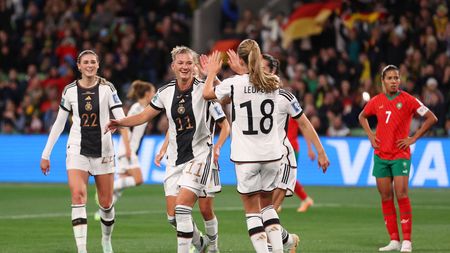 MELBOURNE, AUSTRALIA - JULY 24: Alexandra Popp (2nd L) of Germany celebrates with teammates after scoring her team's second goal during the FIFA Women's World Cup Australia & New Zealand 2023 Group H match between Germany and Morocco at Melbourne Rectangular Stadium on July 24, 2023 in Melbourne / Naarm, Australia. (Photo by Robert Cianflone/Getty Images)