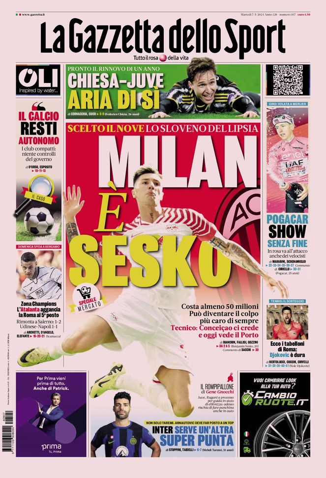 La Gazzetta dello Sport, la prima pagina di oggi, martedì 7 maggio 2024 La Gazzetta dello Sport