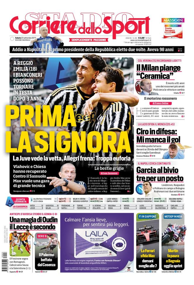 Prima Pagina Corriere dello Sport in edicola oggi, sabato 23 settembre