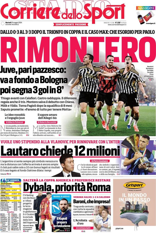 Il Corriere dello Sport, la prima pagina di oggi, martedì 21 maggio 2024 Il Corriere dello Sport