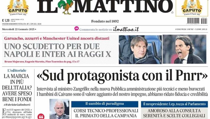 PRIMA PAGINA IL MATTINO OGGI: “Uno scudetto per due, Napoli e Inter ai raggi X” prima pagina il mattino oggi
