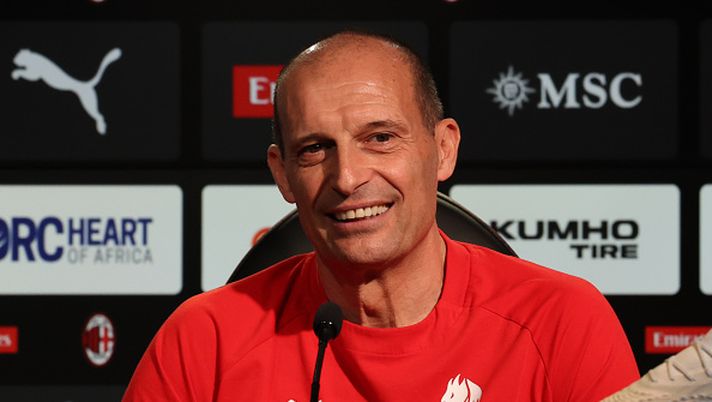 CAIRATE, ITALY - MARCH 07: Head coach AC Milan Massimiliano Allegri speaks with the media during press conference at Milanello on March 07, 2026 in Cairate, Italy. (Photo by Claudio Villa/AC Milan via Getty Images) live-milan-inter-allegri-chivu-formazioni