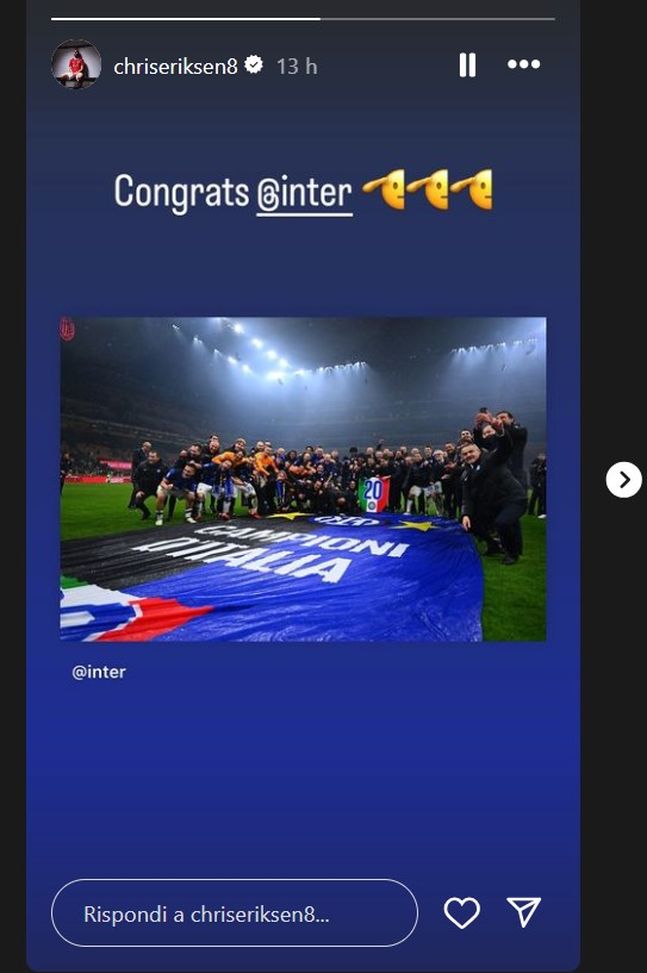 Anche Christian Eriksen si congratula con l’Inter per lo scudetto- immagine 3